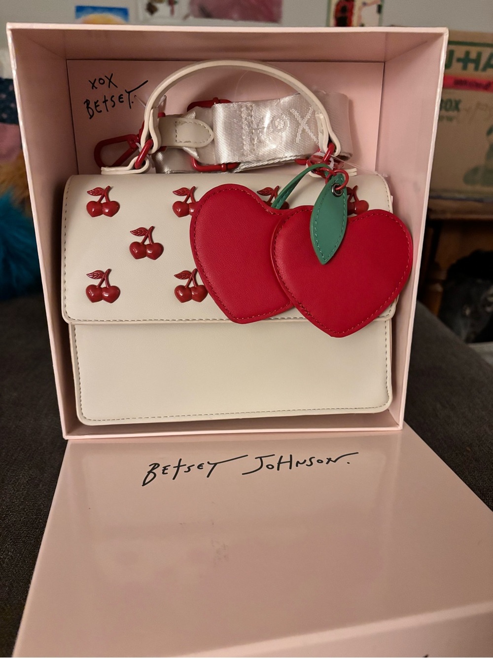 Betsey Johnson Cream Cherry Top-Handle Bag with Red Heart Charm